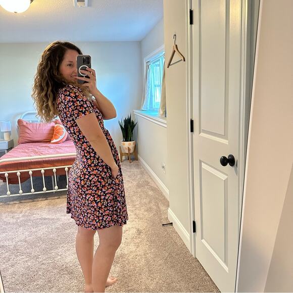 Boden Navy Blue Pink Retro Floral Jersey Mini Dress 6R - Picture 6 of 10